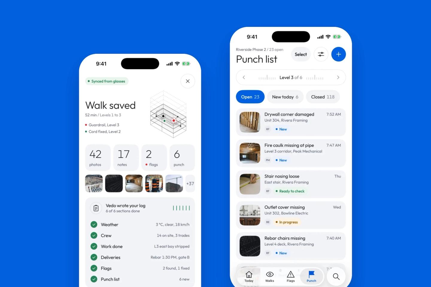 Two Vedo screens on iPhones: a walk summary with photos, flags, punch items and the drafted daily log, and a punch list of deficiencies by level and trade