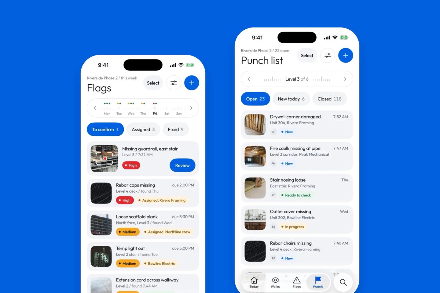 Two Vedo app screens: the Flags tab with hazards to confirm and assigned, and the punch list for Level 3 with each item's trade and status.
