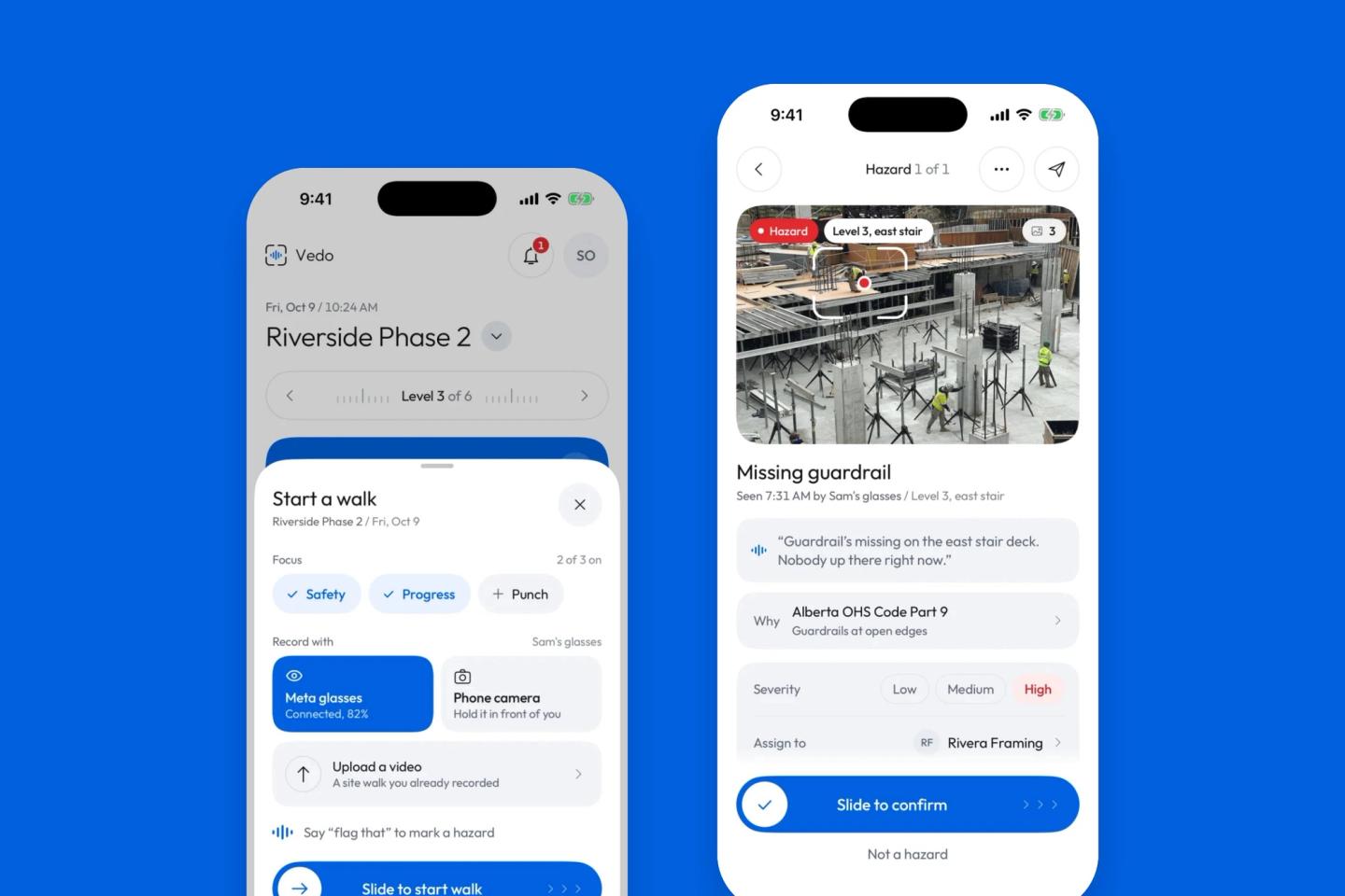 Two Vedo app screens: starting a walk with Meta glasses or the phone camera, and a flag from the walk with its photo, level, what the super said, the rule and the trade to assign.