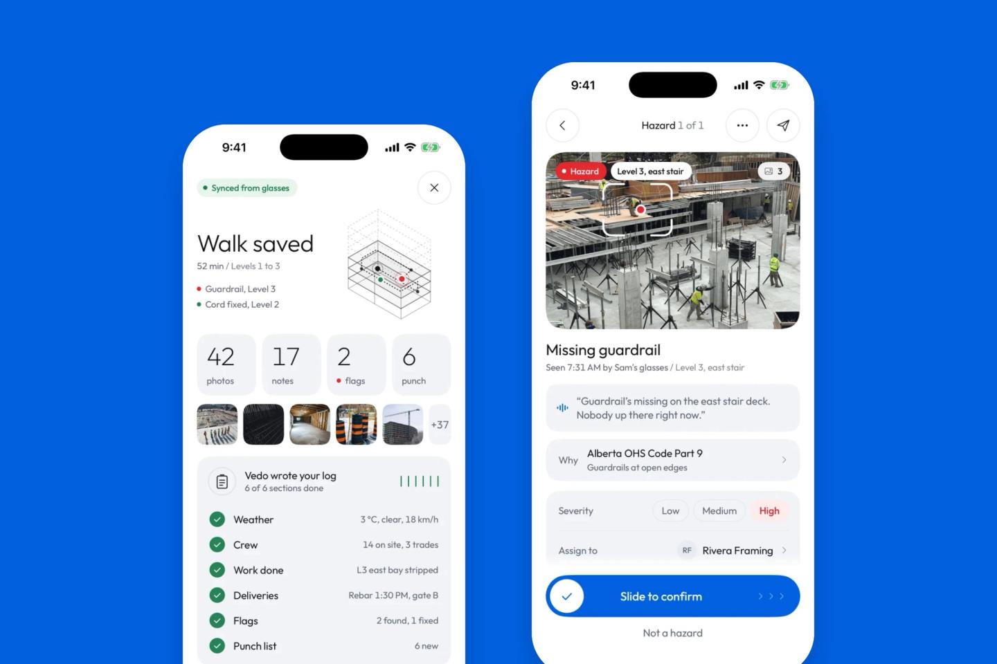 Two Vedo app screens: a saved walk summary with its photos, flags and punch items, and a flag with its photo, time, level, what the super said and the rule it breaks.