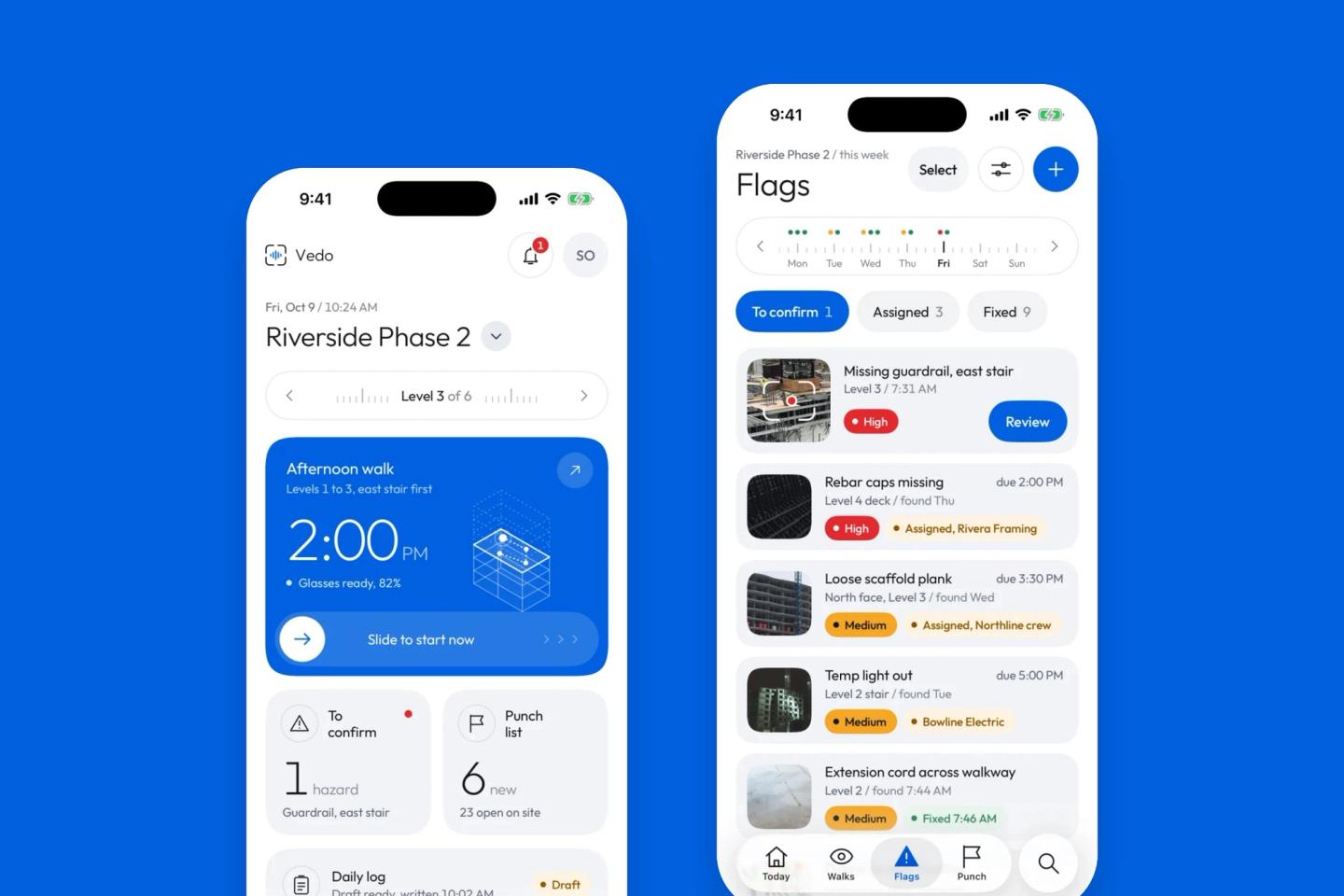 Two Vedo app screens: Today for a site, with a hazard to confirm, new punch items and the daily log, and the Flags tab with each hazard's status and trade.