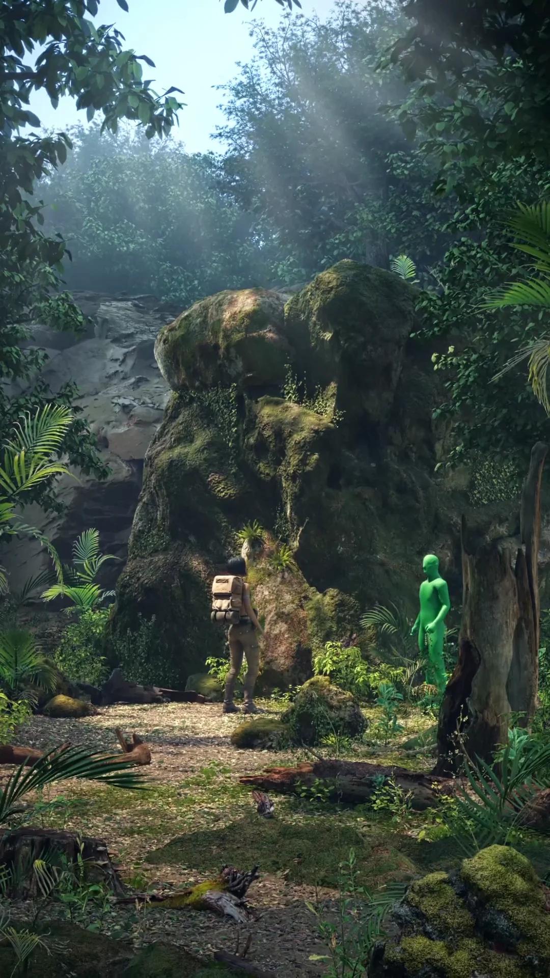 Explorer faces a vivid green humanoid figure amid a lush, misty jungle