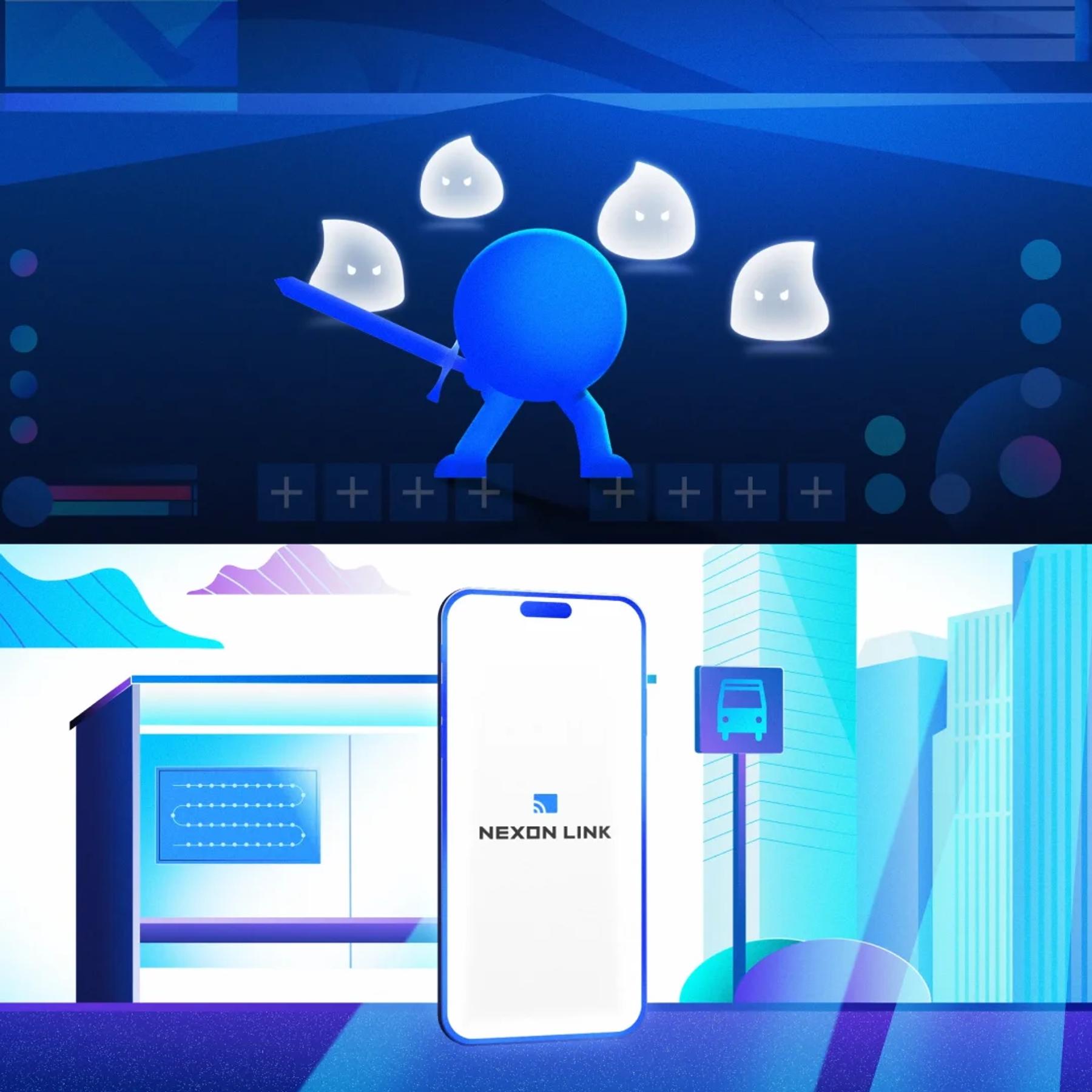 Two-panel styleframe combining game character scene and app launch screen