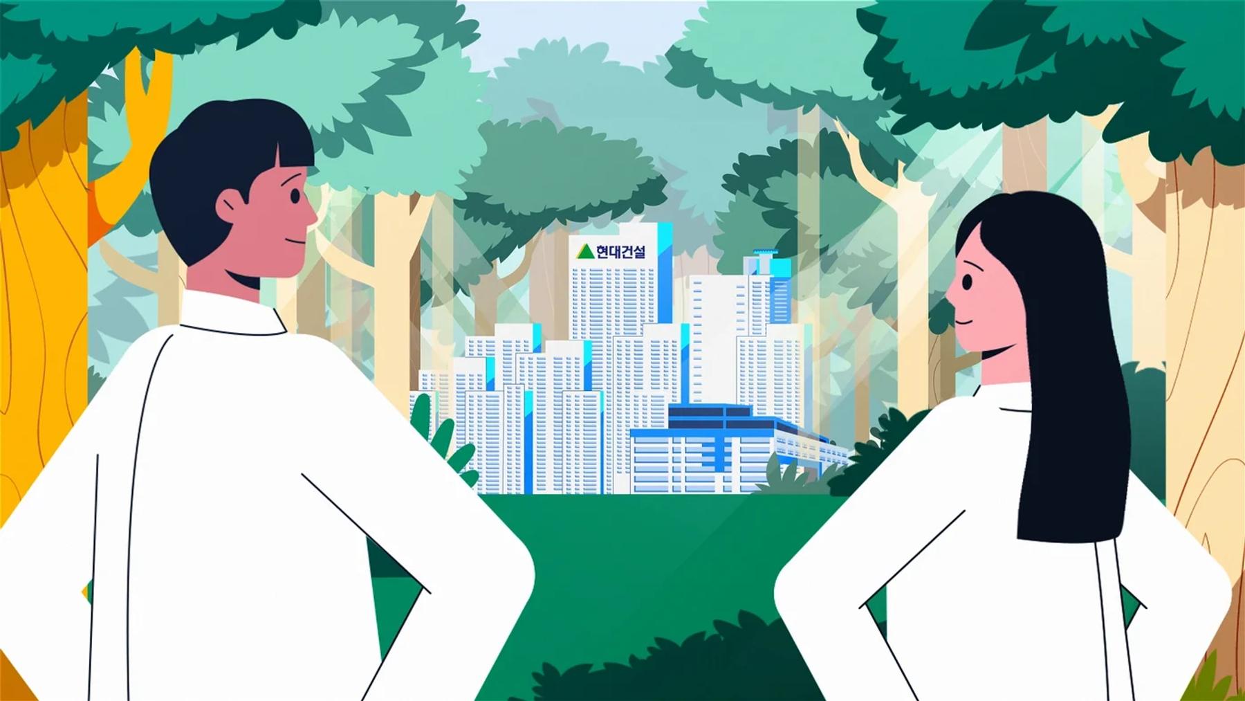 Flat-illustration styleframe of two figures facing a green cityscape with branded tower