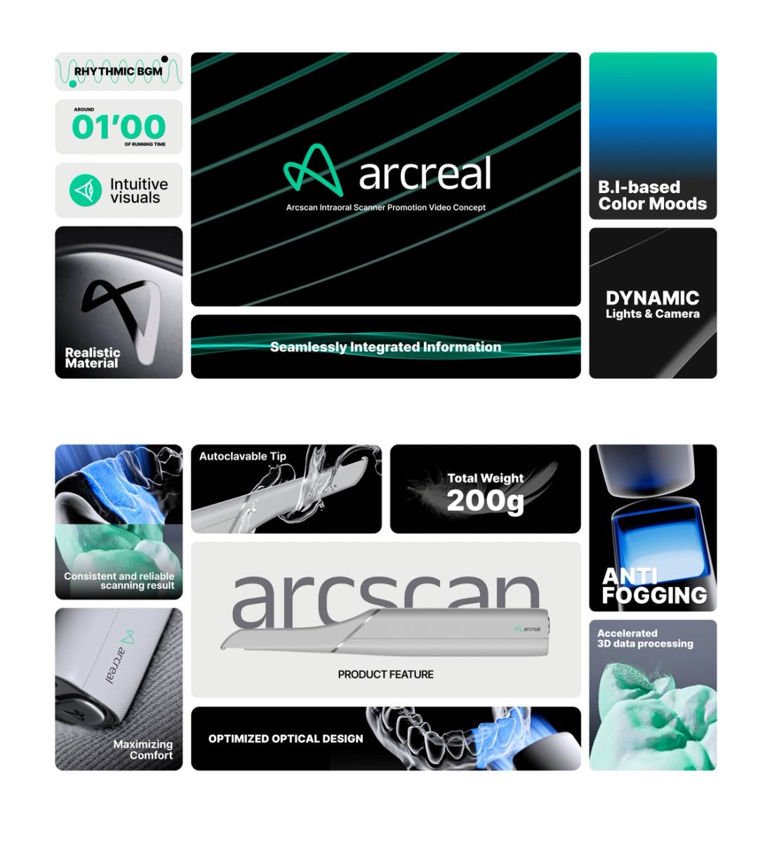 Arcreal 아크스캔 디자인 컨셉 — 구강 스캐너 제품 세로형 CGI 렌더링