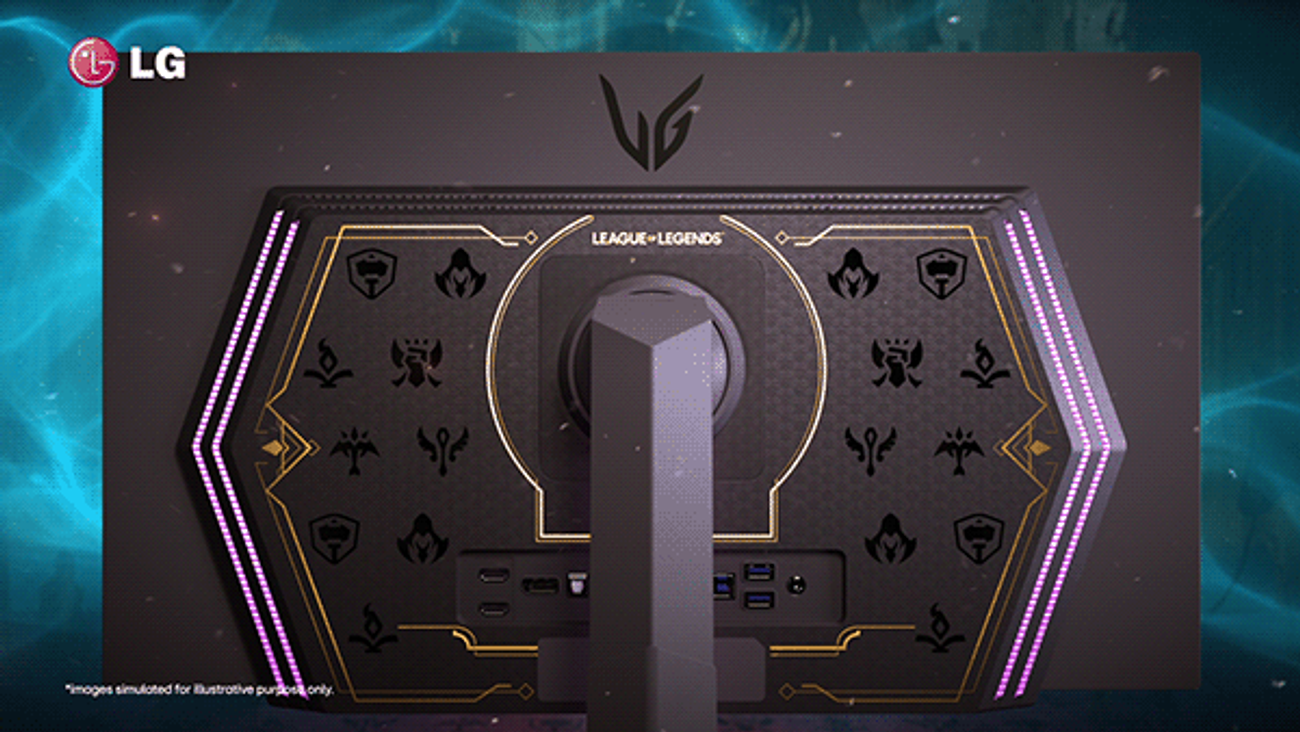 LG UltraGear × League of Legends Edition 갤러리 이미지 — Hextech 디자인 요소와 게이밍 모니터 CGI 디테일 컷