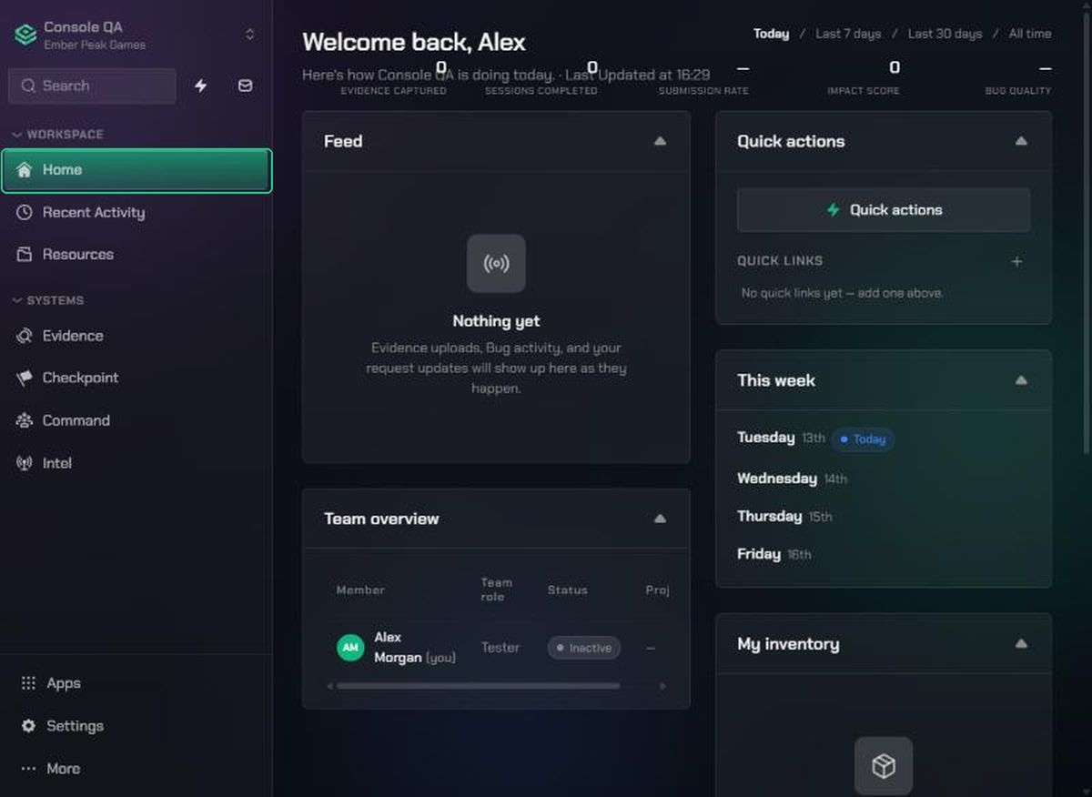 The Home page showing Feed, Team overview, Quick actions, This week and My inventory cards, with Home highlighted in the sidebar.