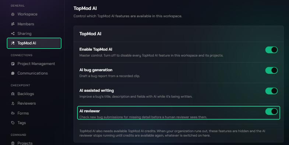 The TopMod AI page in Workspace Settings, with TopMod AI selected in the menu and the AI reviewer switch turned on and highlighted.