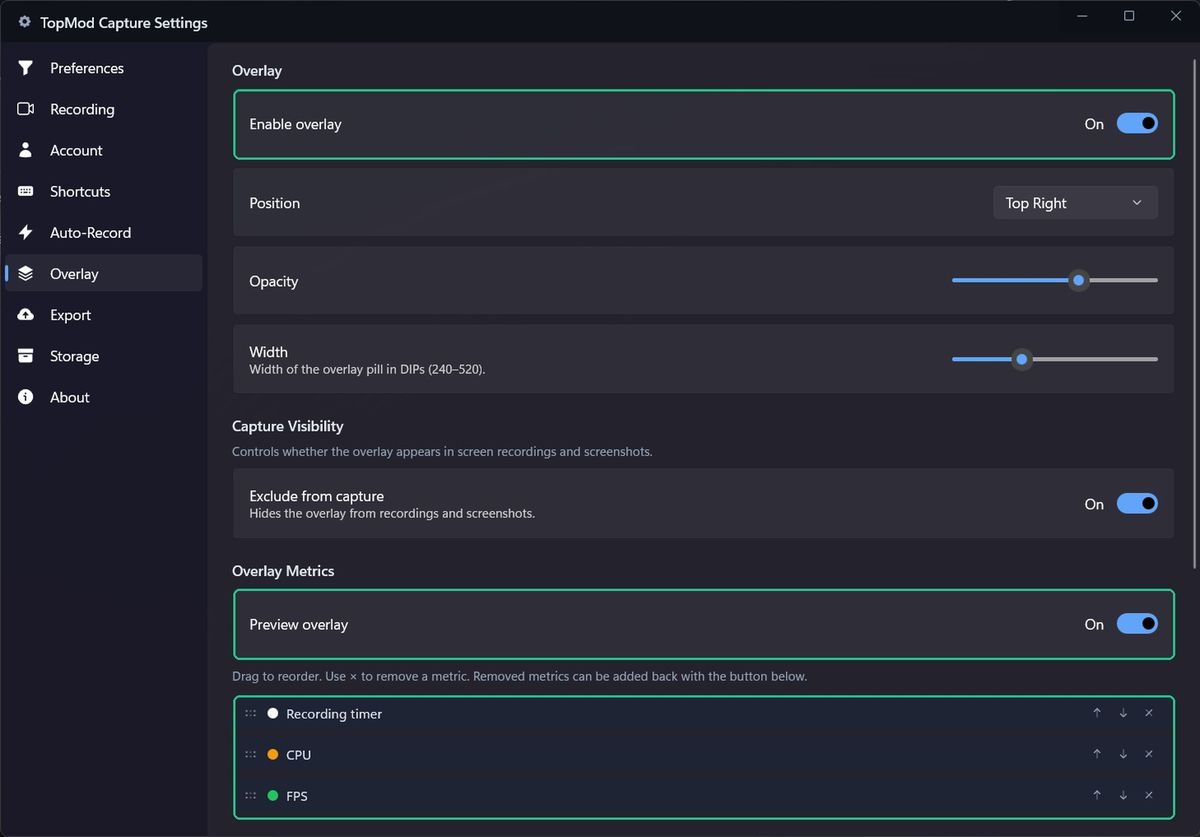 Settings > Overlay with Enable overlay, Preview overlay and the metrics list highlighted.
