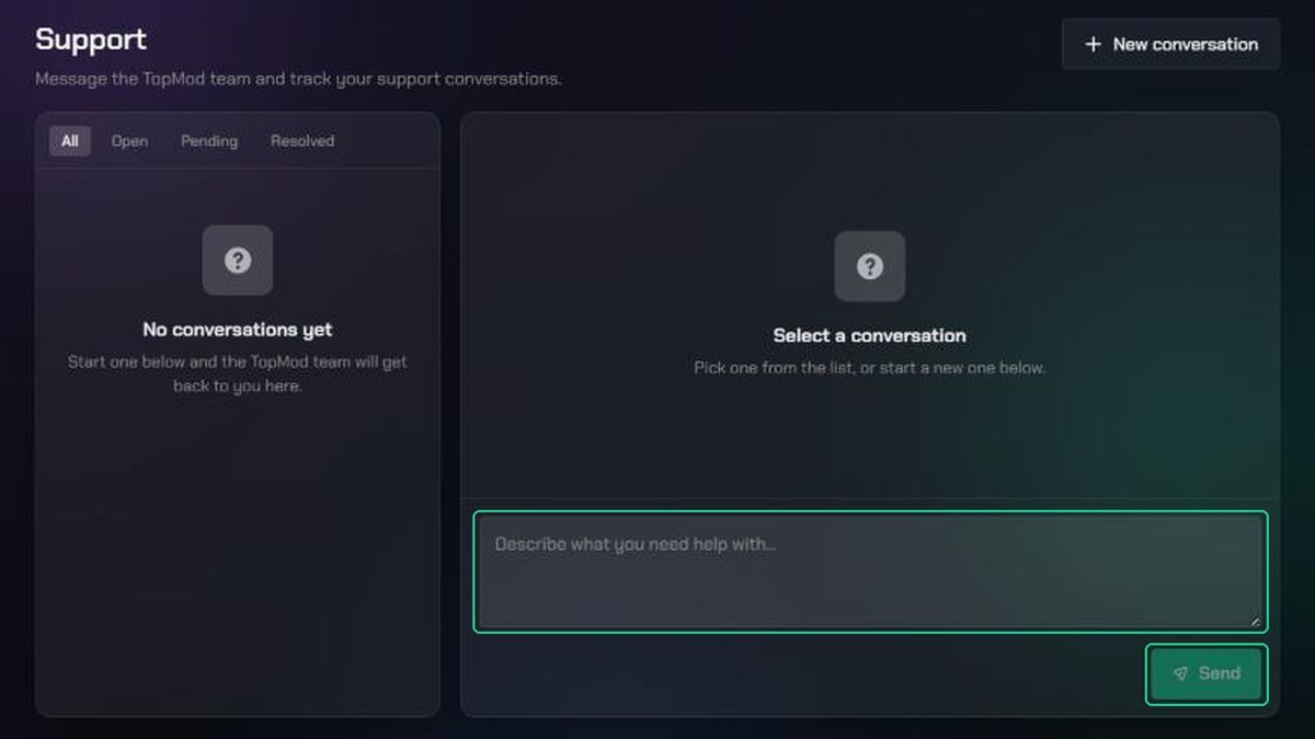 The empty Support page, with the "Describe what you need help with" box and the Send button highlighted