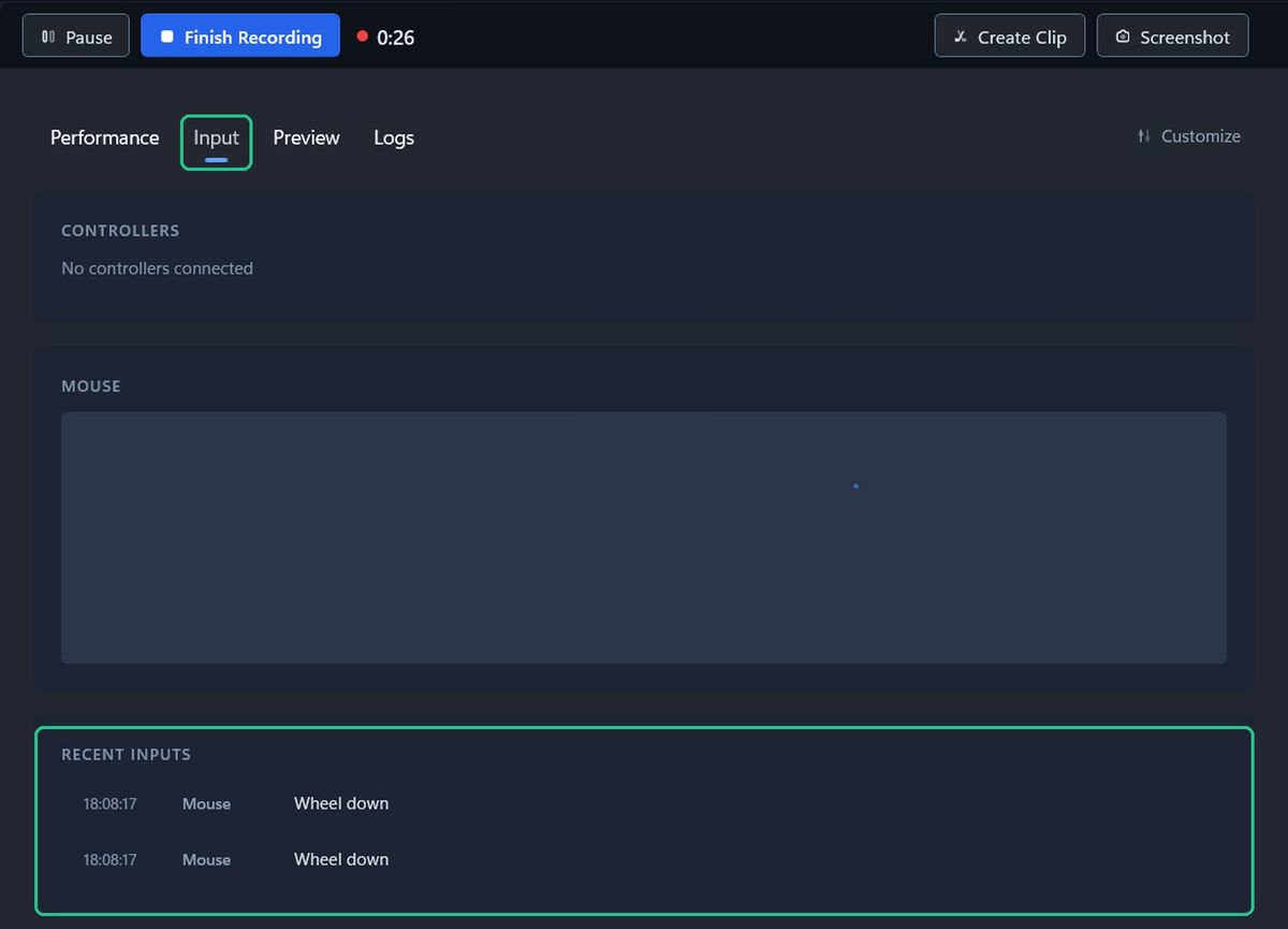 The Input tab during a recording, showing CONTROLLERS, MOUSE and RECENT INPUTS.