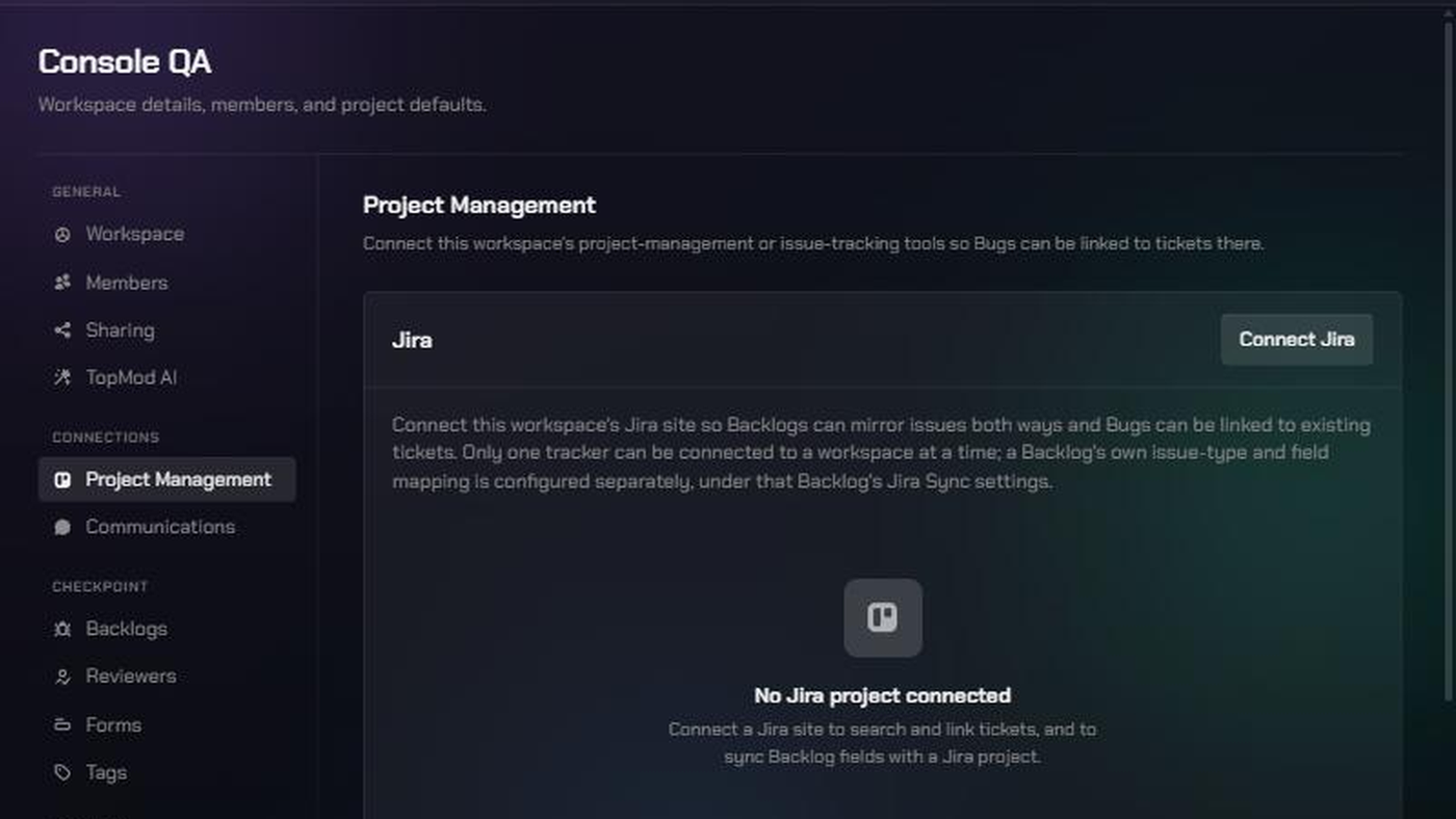 The Project Management page in Workspace Settings, showing the Jira card with a Connect Jira button.