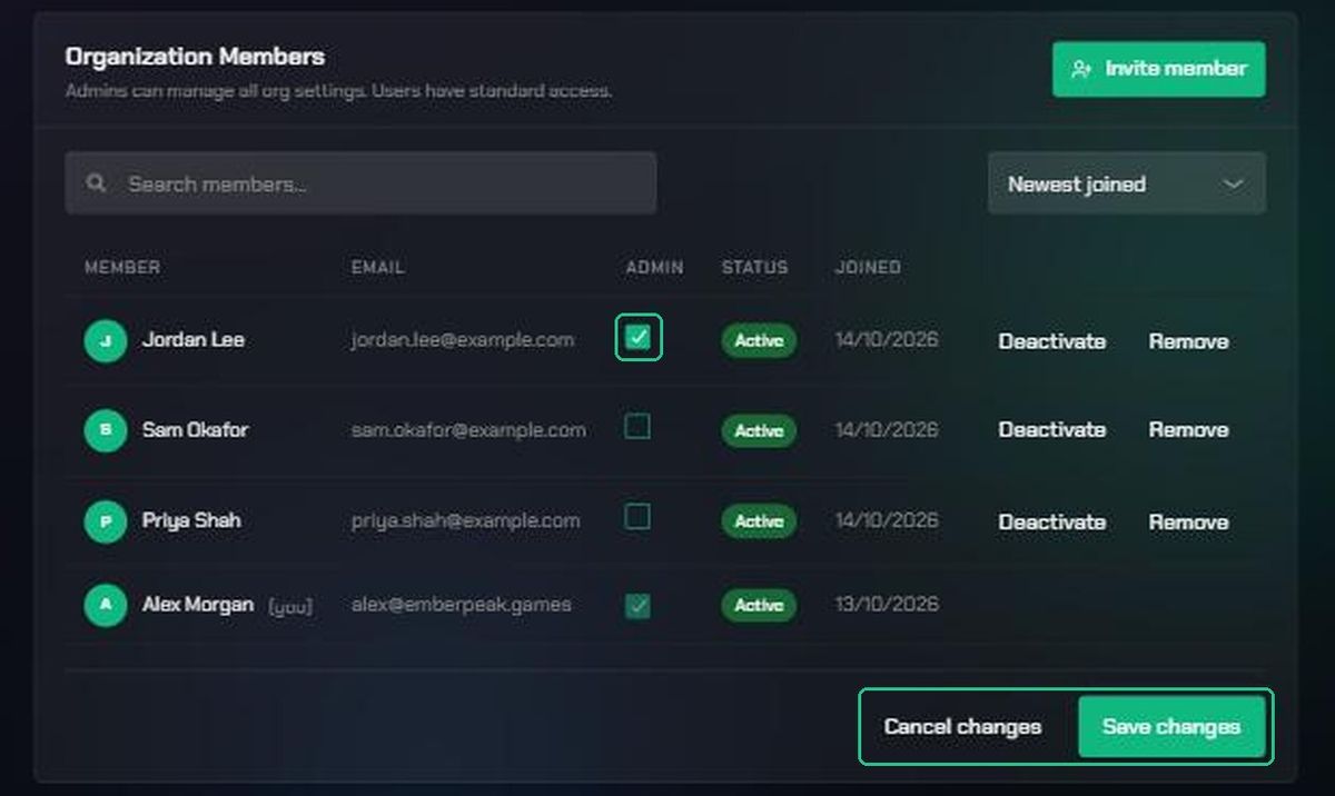 Jordan Lee's Admin box ticked, with the Cancel changes and Save changes buttons shown below the member list.