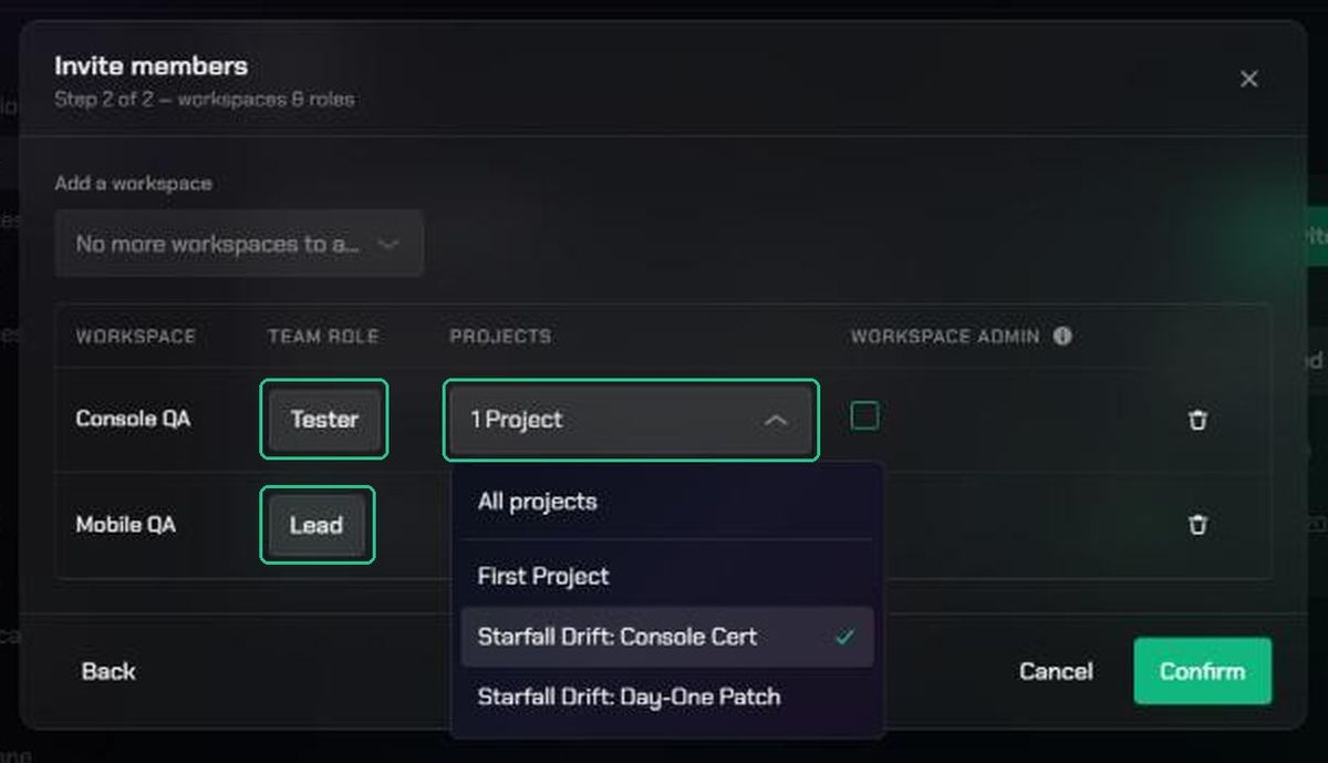 Step 2 of 2 with Team Roles chosen and the Projects picker open
