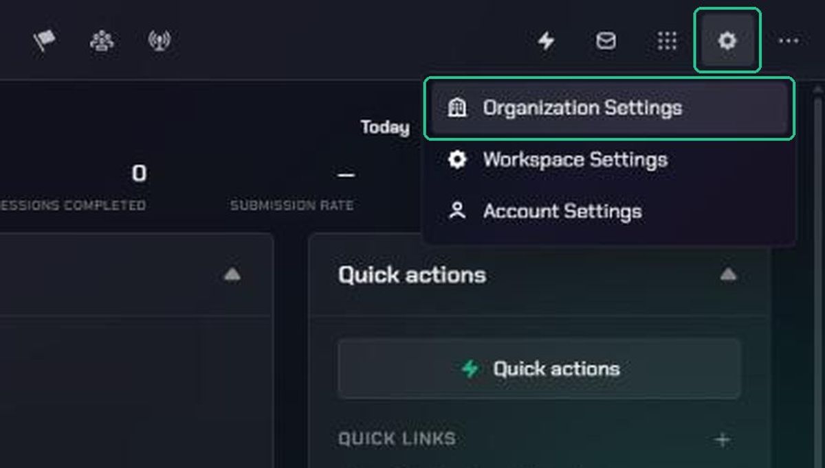 The Settings menu open, with Organization Settings highlighted