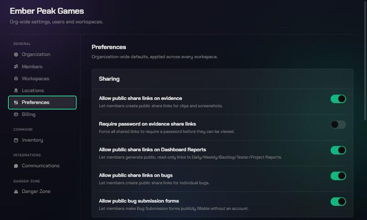 The Preferences page of Organization Settings showing the Sharing switches, with Preferences highlighted in the settings menu