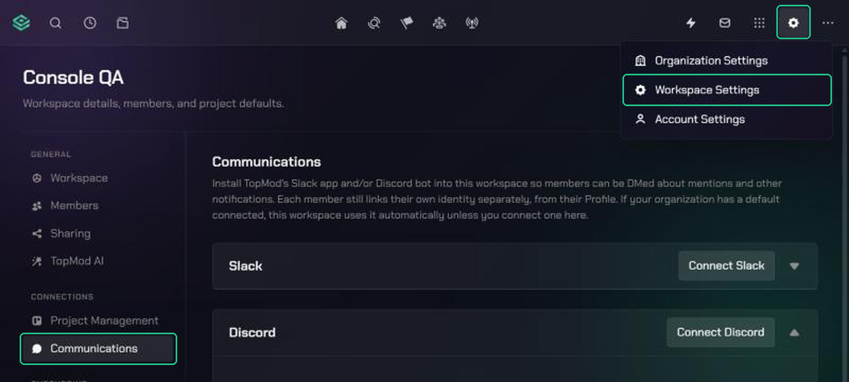The Settings menu open from the gear icon with Workspace Settings highlighted, and Communications highlighted under Connections in the Workspace Settings menu.