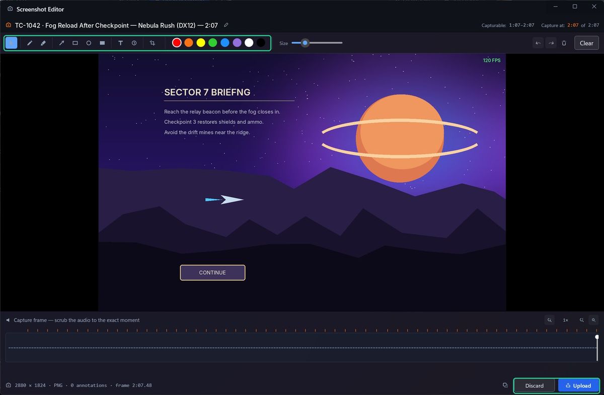 The Screenshot Editor just opened, with the drawing tools and colours highlighted at the top, and Discard and Upload at the bottom right.