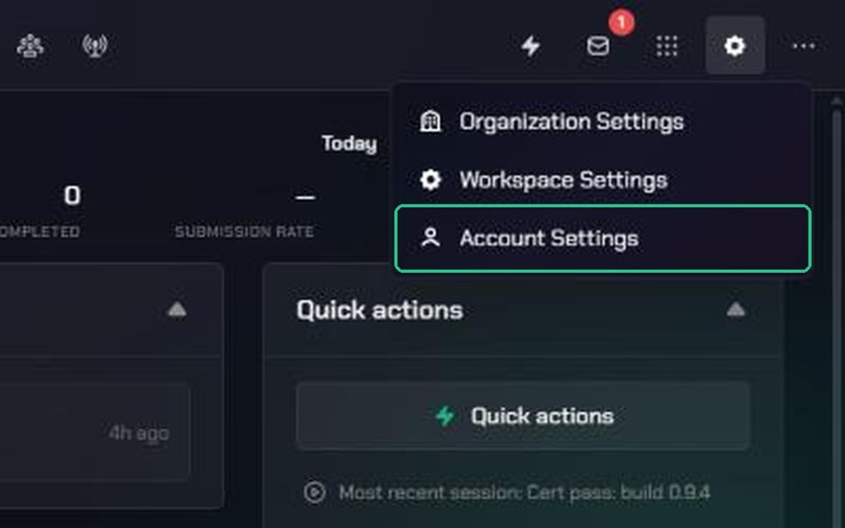 The Settings menu open, with Account Settings highlighted
