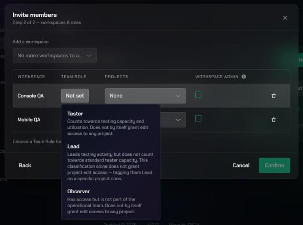 The Team Role picker, showing Tester, Lead and Observer with their descriptions