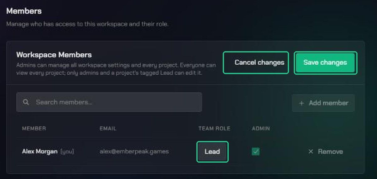 The Members table after changing a Team Role to Lead, with Cancel changes and Save changes highlighted at the top.