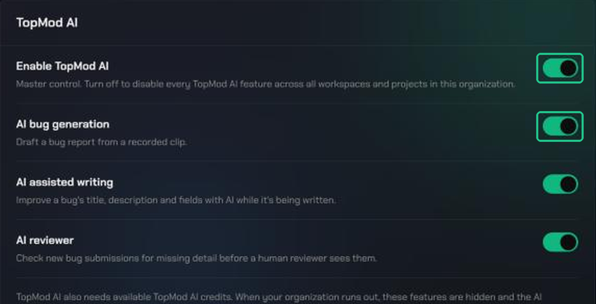 The TopMod AI card in Organization Preferences, with Enable TopMod AI and AI bug generation switched on.