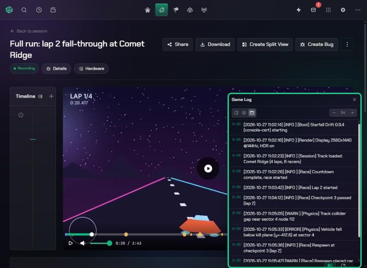 The game log beside the video