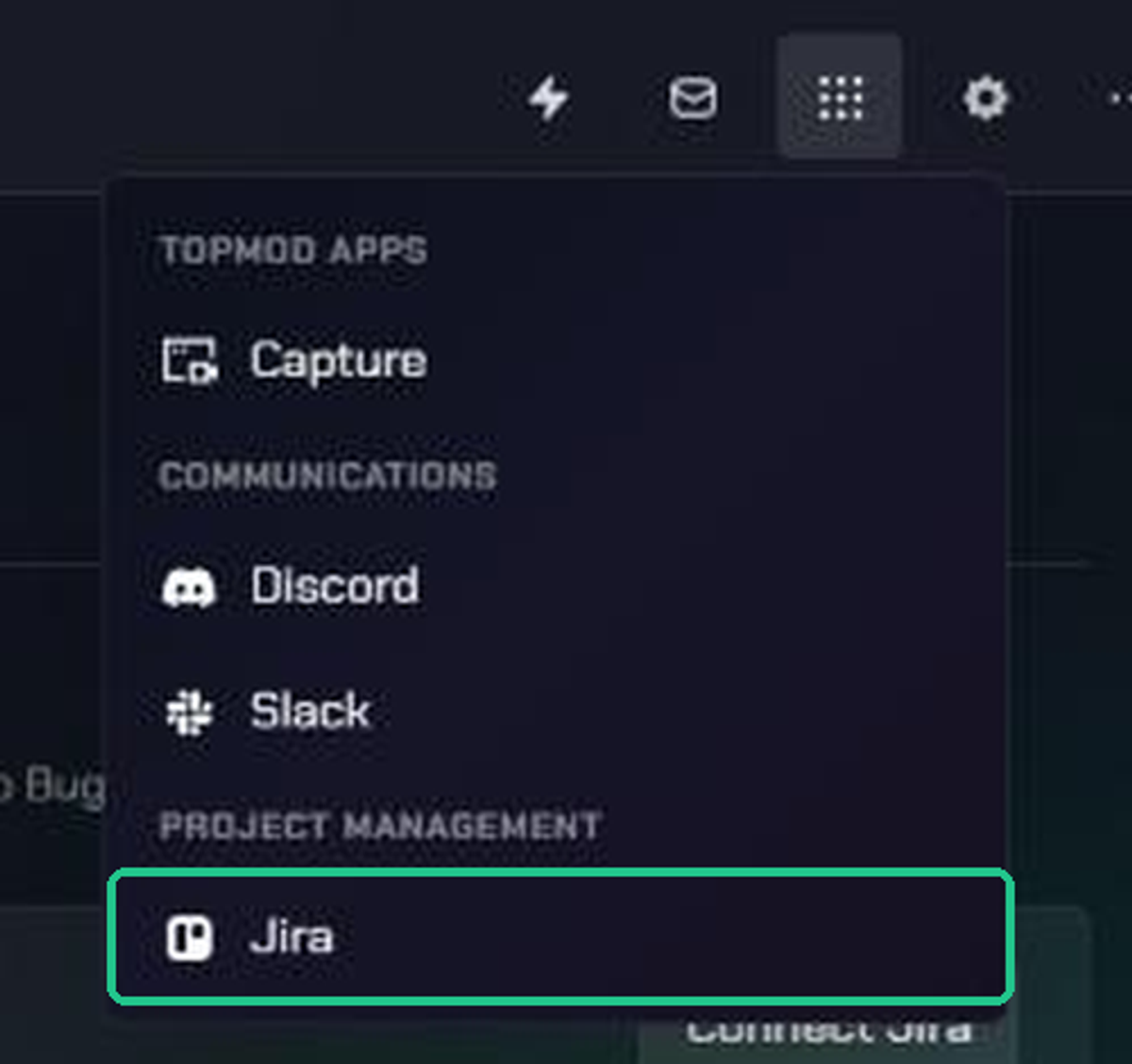 The Apps menu open from the grid icon, with Jira highlighted under Project Management.
