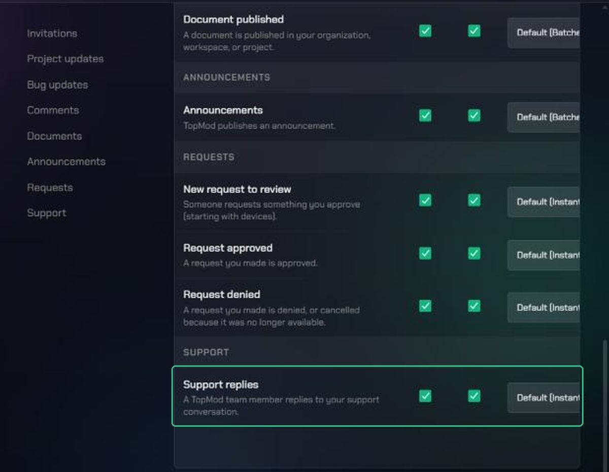 Notification settings, with the Support replies row highlighted and its In-app badge and Email boxes ticked