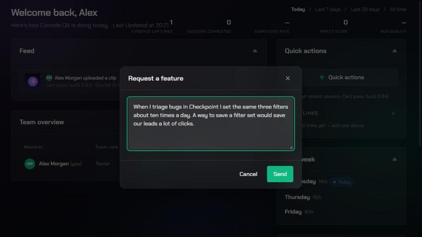 The Request a feature window open over the TopMod home page, with an example request typed in