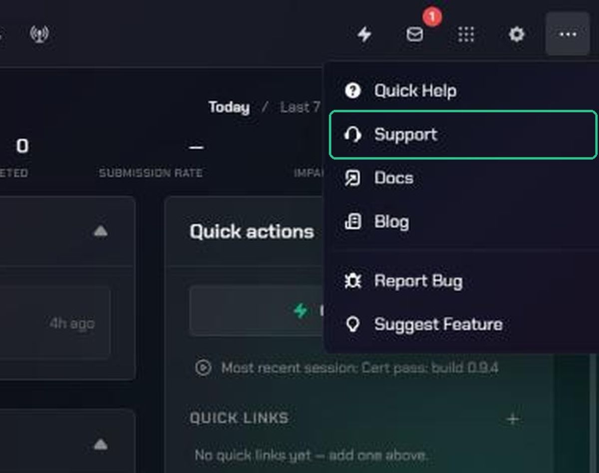 The More menu open, with Support highlighted