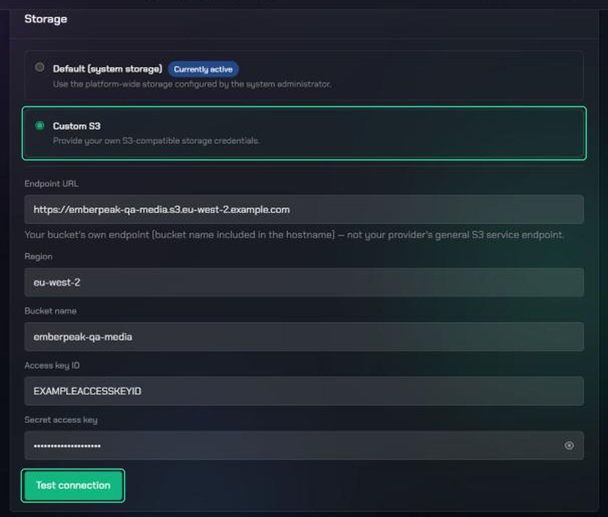 Custom S3 selected, with Endpoint URL, Region, Bucket name, Access key ID and a masked Secret access key filled in, and the Test connection button highlighted.