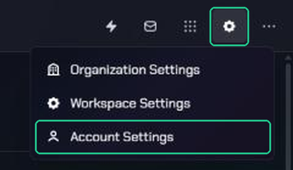 The Settings menu open from the gear icon, with Account Settings highlighted.