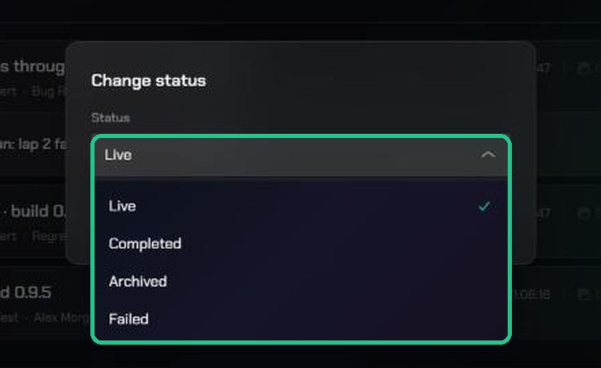 The Change status window with the Status list open