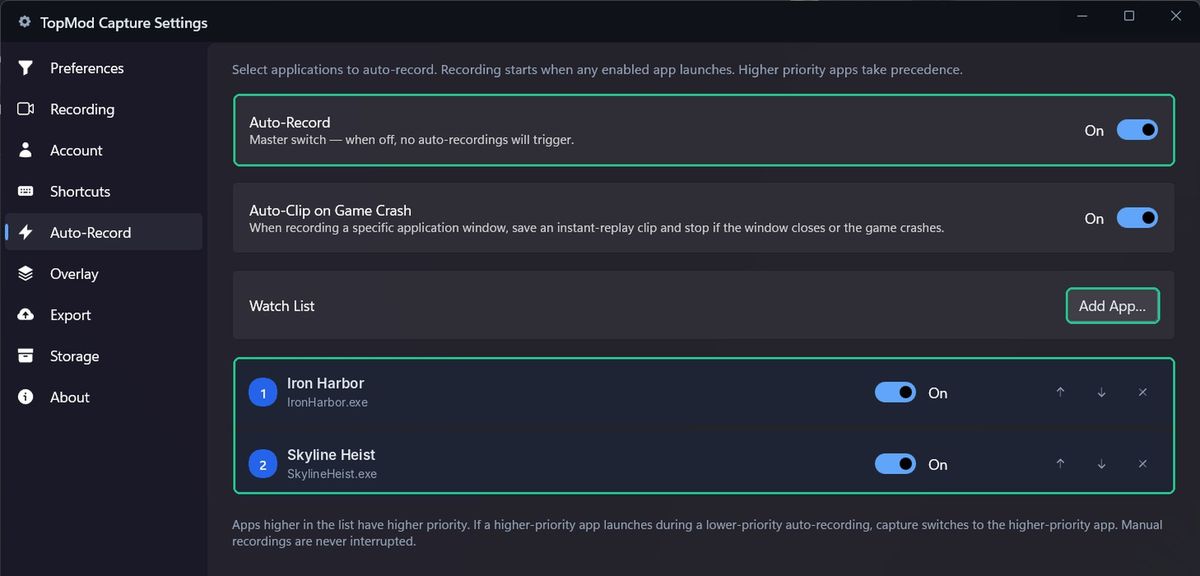 Settings > Auto-Record with the Auto-Record switch on, Add App... and two games in the watch list highlighted.