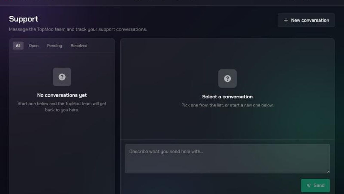 The Support page, with the conversation list on the left and the message box on the right