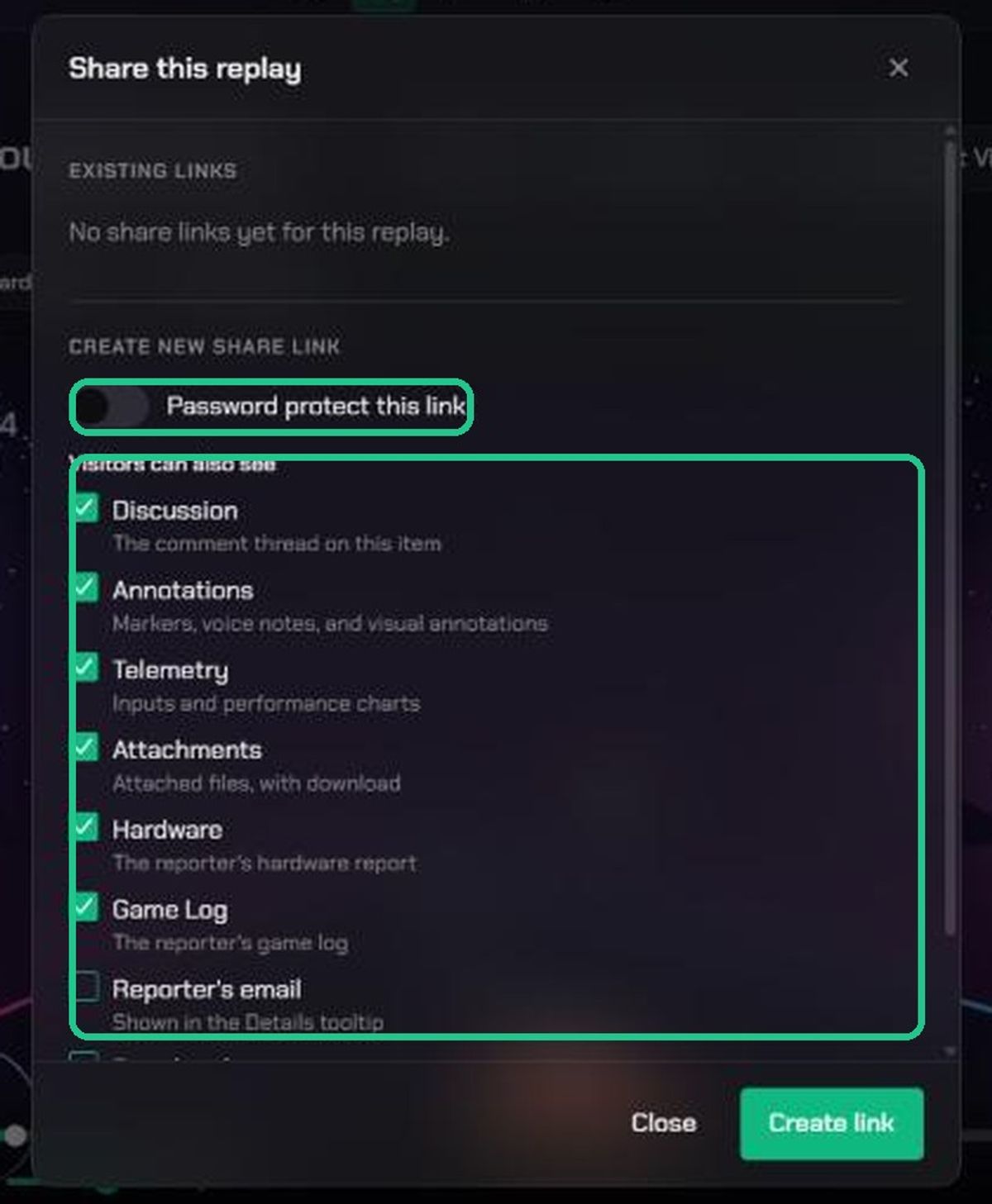 The Share this replay window