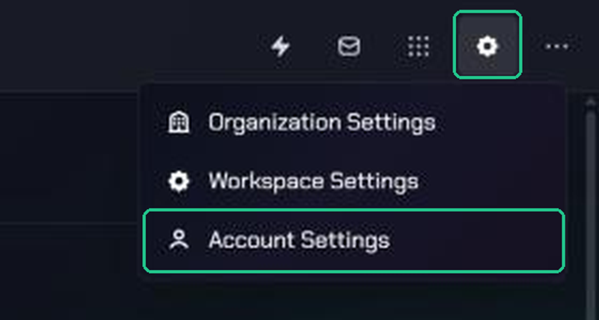 The Settings menu open from the gear icon, with Account Settings highlighted.