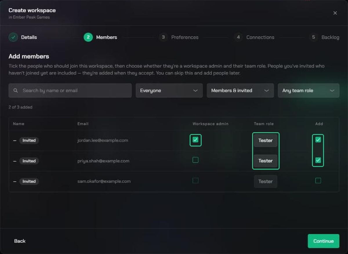 The Add members step listing three invited people, with two ticked to add, one made a workspace admin, and the Team role buttons highlighted.