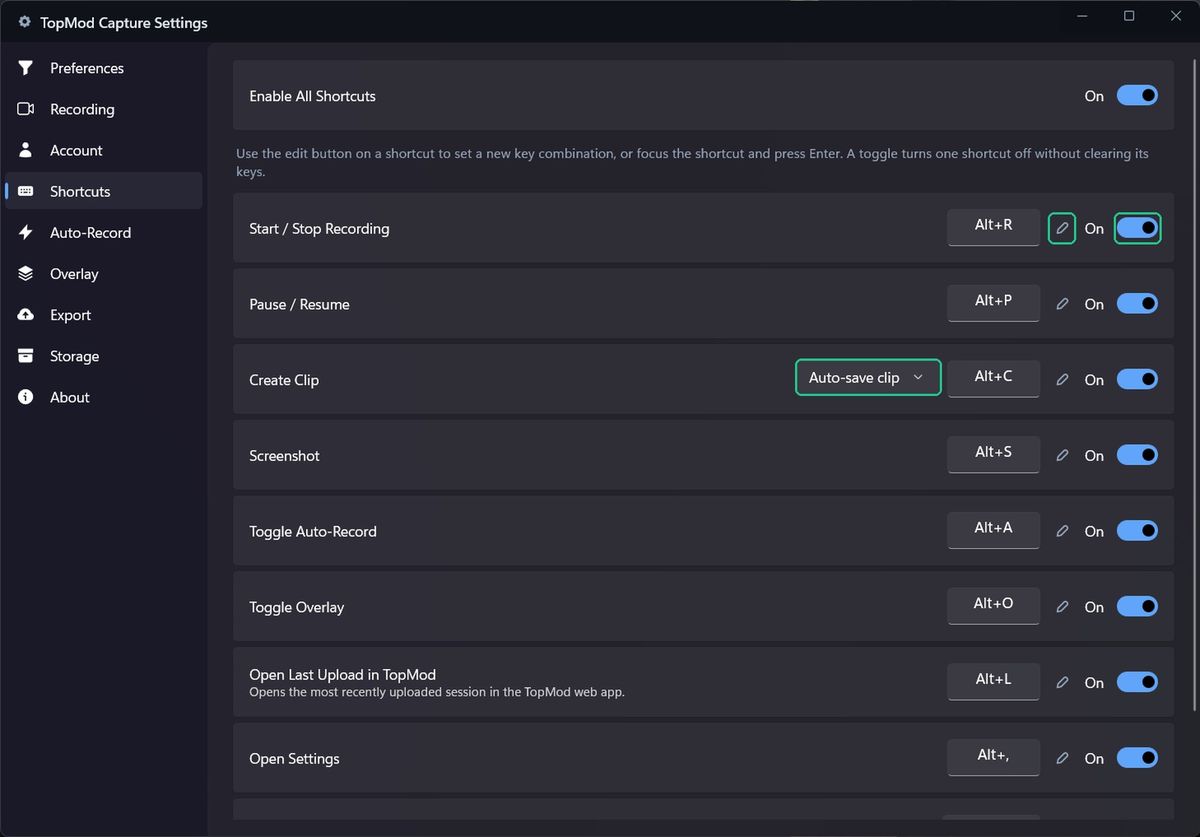 Settings > Shortcuts, with the edit pencil and On switch highlighted on Start / Stop Recording, and the Auto-save clip mode on Create Clip.