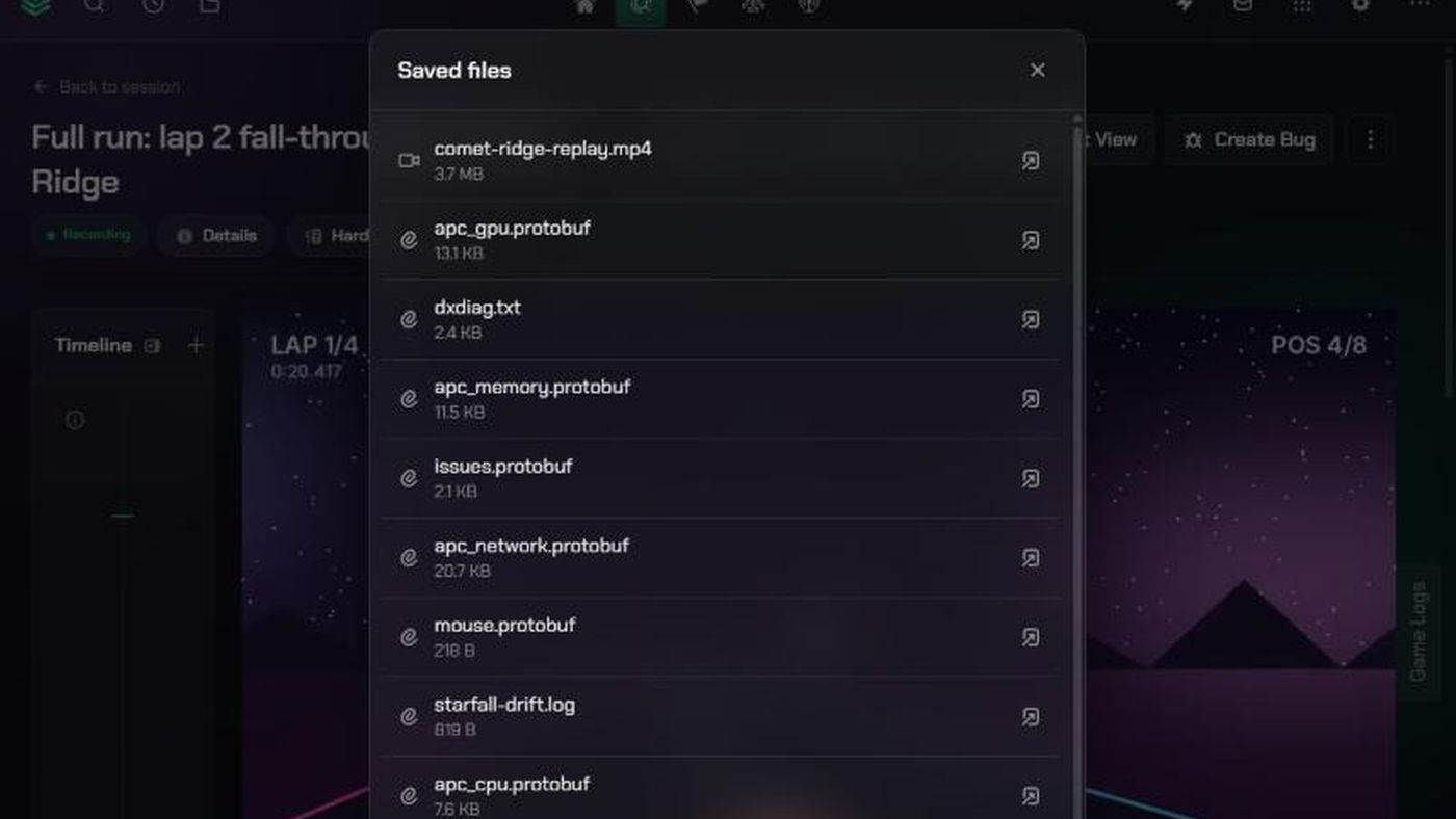 The Saved files list for a replay.