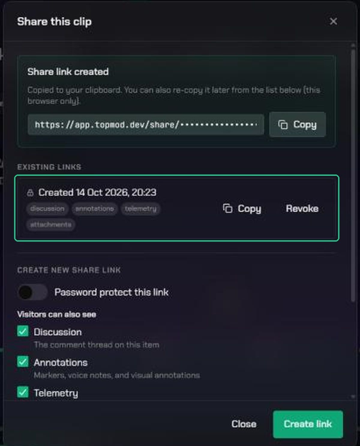 The Share this clip window after creating a link, with the existing link and its Copy and Revoke buttons highlighted