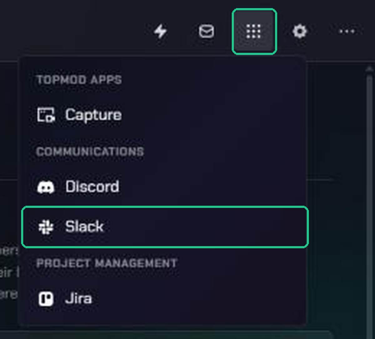 The Apps menu open from the grid icon, with Slack highlighted under Communications.