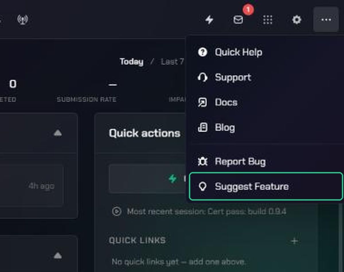 The More menu open, with Suggest Feature highlighted
