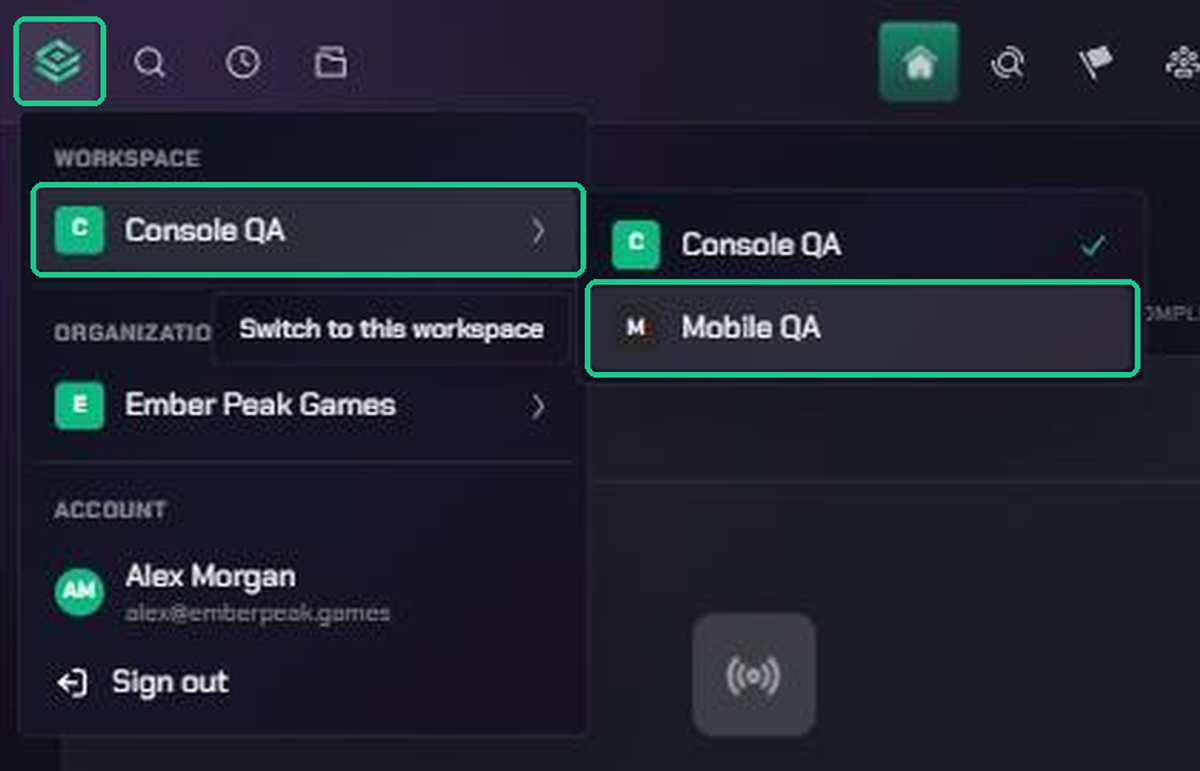 The workspace switcher open at the top left, with the Workspace list expanded and the Mobile QA workspace highlighted