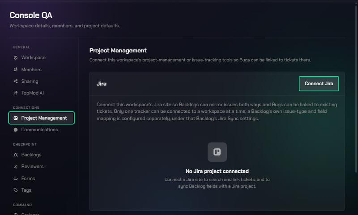 The Project Management page with Project Management highlighted in the settings menu and the Connect Jira button highlighted on the Jira card.