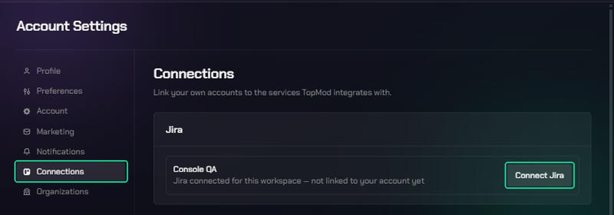 The Connections page with Connections highlighted in the Account Settings menu, and the Connect Jira button highlighted next to the Console QA workspace.