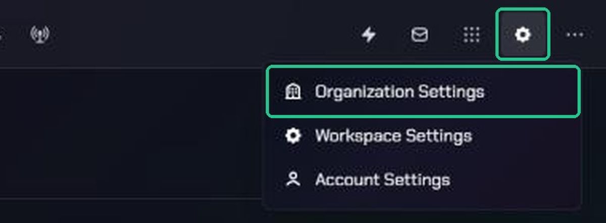 The Settings menu opened from the gear icon, with Organization Settings highlighted
