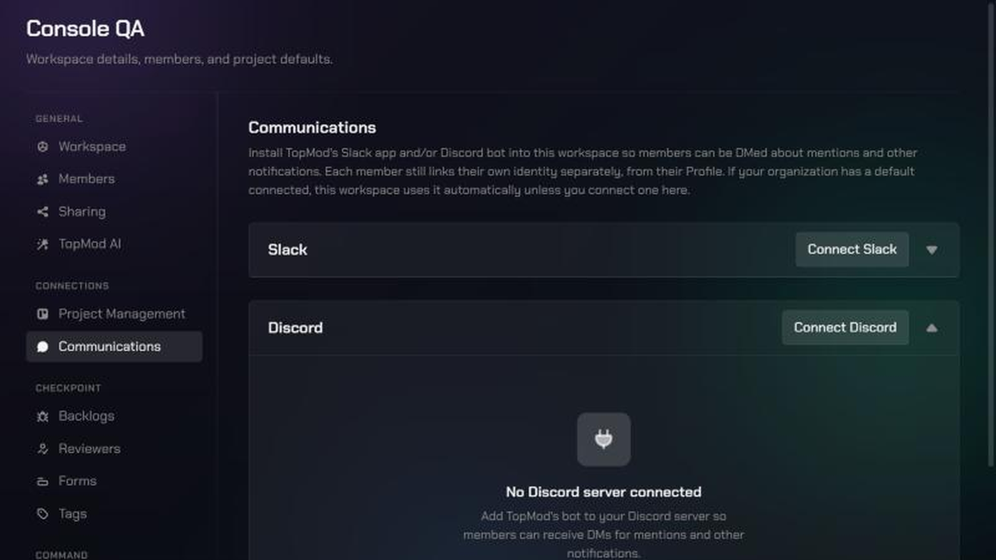 The Communications page in Workspace Settings for the Console QA workspace, with the Discord card expanded and a Connect Discord button.