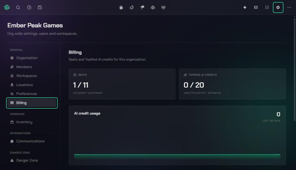 Organization Settings with the Settings gear icon and Billing in the menu highlighted.